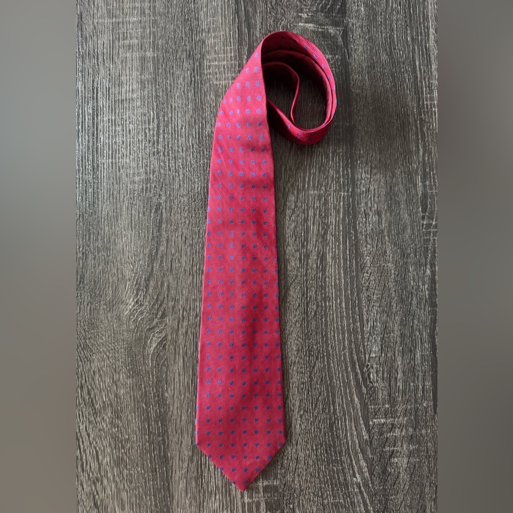 Lauren Ralph Lauren Blue & Red Polka Dot Linen Silk Blend Tie - Picture 3 of 8